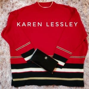 Cosy KAREN LESSLEY fine knit sweater red gold navy